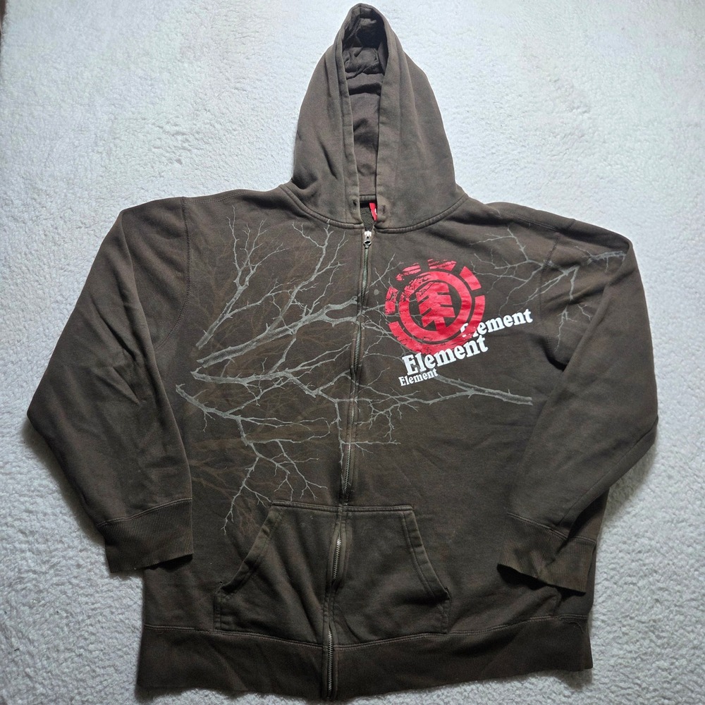 Y2K Element Hoodie Mens XXL Brown Full Zip Graphic Tree Skater Streetwear